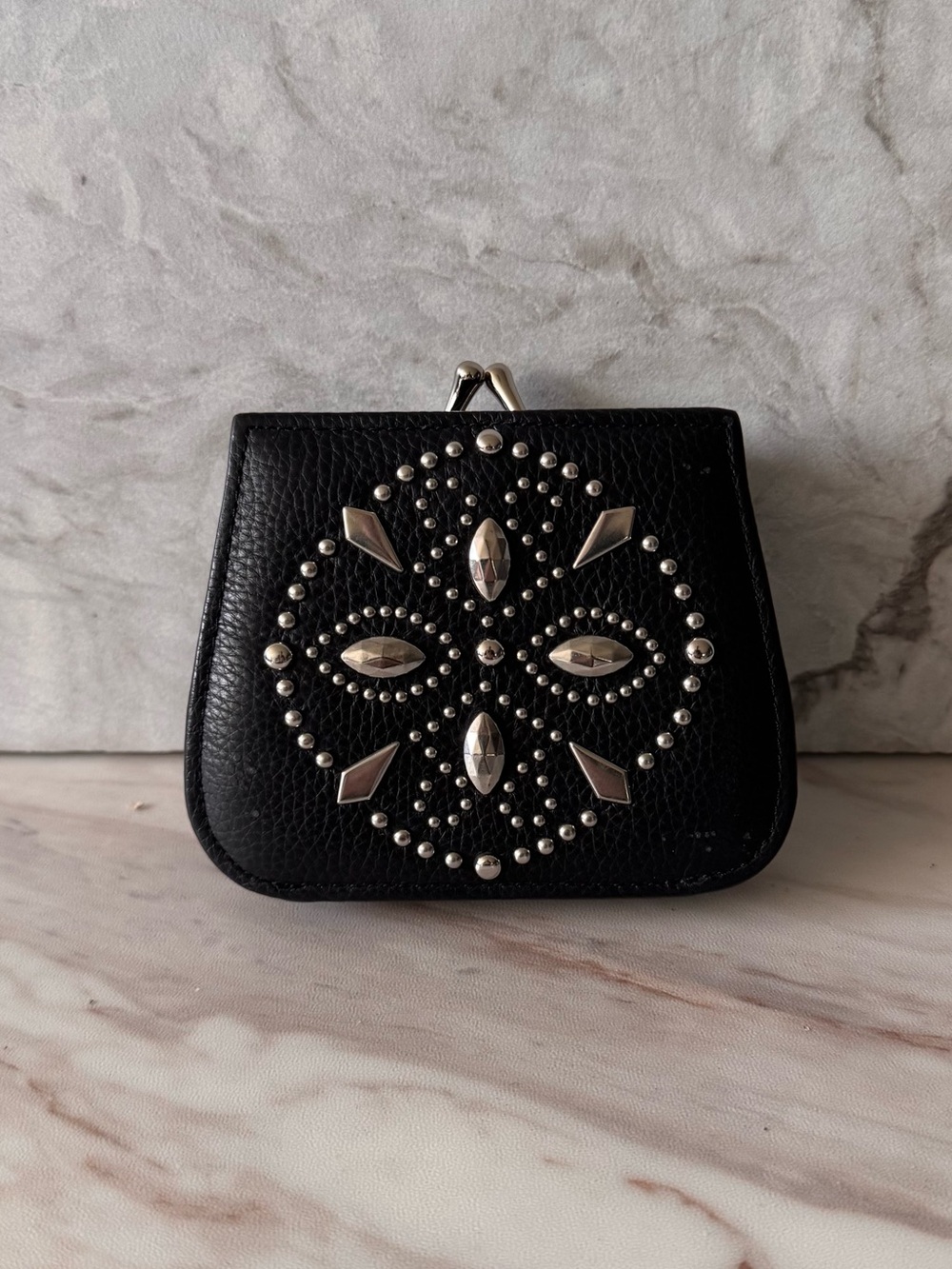 Brighton Black Leather Studded Kiss Lock Coin Purse Wallet Silver Hardware